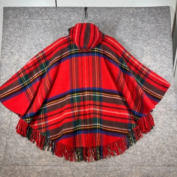 Vintage Edinburgh Woollen Mill Red Plaid Tartan Wool Poncho Cape Hooded Fringe - Picture 11 of 16